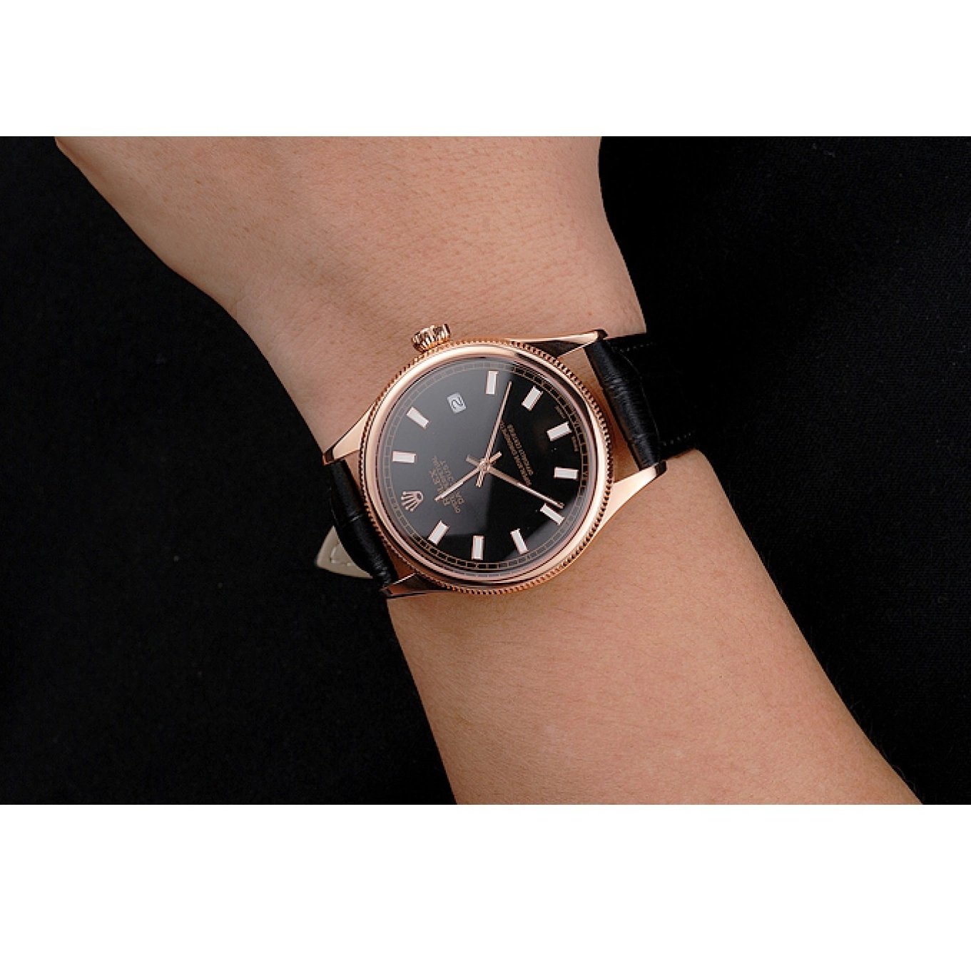 Good copy rolex watches Gold Leather Black Datejust Black Dial Swiss Rose Strap Rolex Case 0822